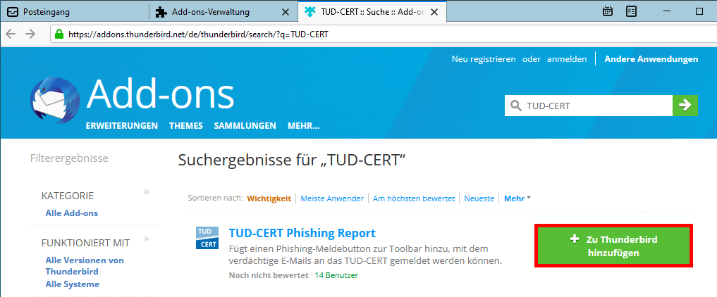 Screenshot des Hinzufügens eines Add-ons
